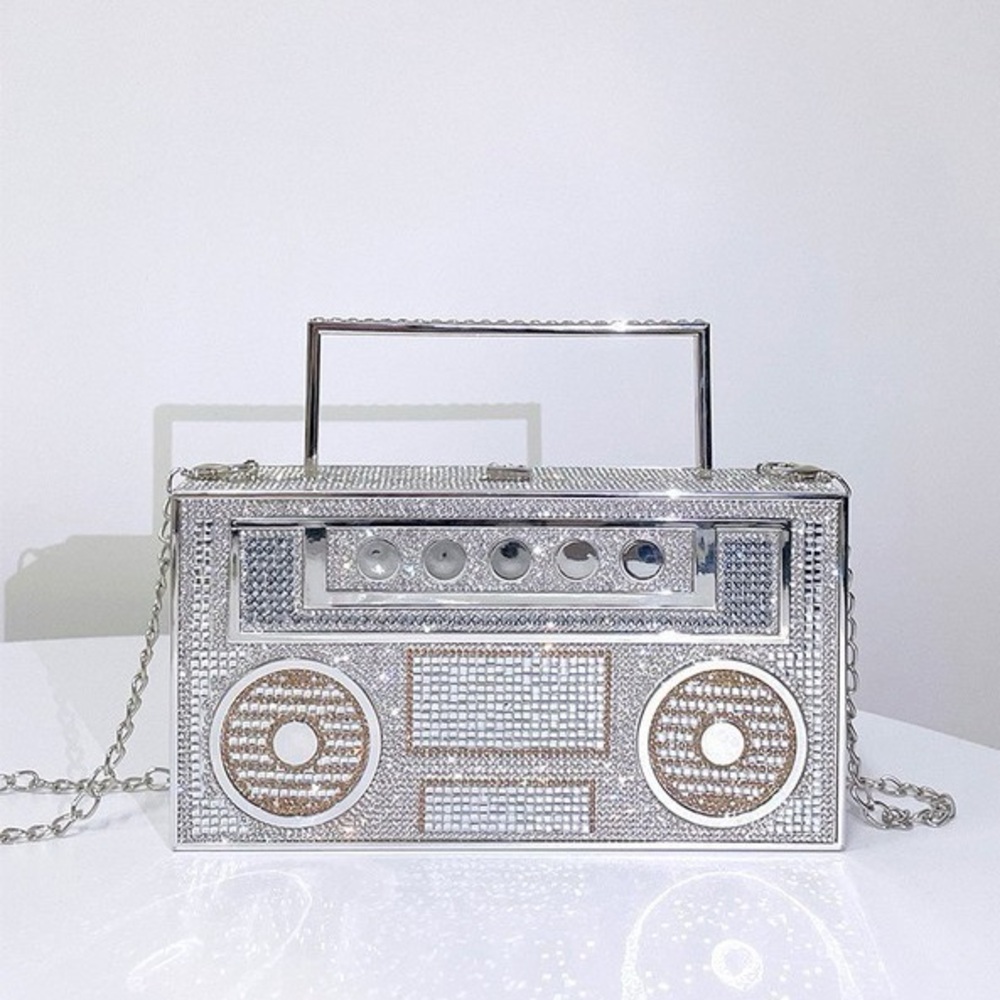 Boombox Clutch Silver Gem Purse Y2K Festival Vegas Bachelorette Statement Bag